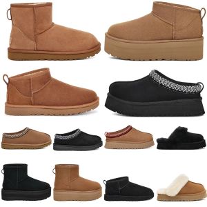 Tasman Terlik Moda Ayakkabıları Botlarını Bota Kestane Siyah Tancroval Kürk Slaytlar Klasik Ultra Mini Platform Önyükleme Slip-On Süet Kış 35-44 On beş