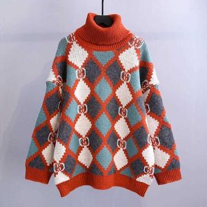 Suéteres femininos grossos suéter de gola alta solto exterior desgaste outono e inverno estilo preguiçoso contraste cor ocidental malha top