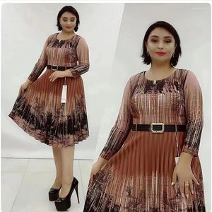 Roupas étnicas Mulheres Imprimir Plissado Midi Vestido XL-5XL Dashiki Outono Elegante Escritório Senhoras Desgaste Robe Africaine Femme Dubai Africano