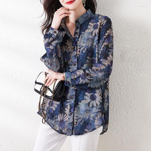 Women's Blouses 2023 Autumn And Winter Silk Printed Long Sleeved Shirts Show Slim Foreign Style Casual Loose Large T-shirt Top