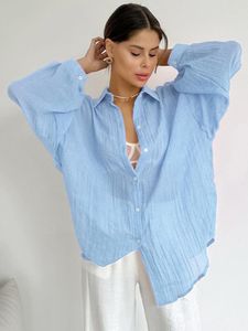 Kvinnors blusar Casual Cotton Thin Shirt Långärmad Löst lätt och blus 2023 Summer Solid Single-Breasted Shirts For Women