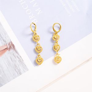 24 k amarelo fino ouro sólido 3 coração pendurado lustre conectar alongamento brincos feminino grande amor moda moda jóias alto 251c