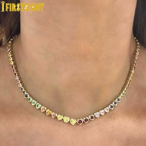Pendanthalsband Rainbow CZ Heart Charm Necklace Gold Color Zircon Tennis Chain Asymmetric Hearts Choker Women Hip Hop Fashio Jewelry 230911