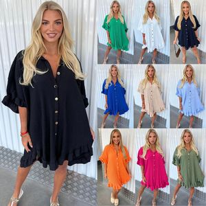 Casual Loose Irregular Ruffles Dresses Elegant Long Half Sleeve Single Breasted Shirt Dress Sexig Women randig vit klänning 2309102