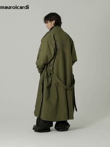 Men' Blends Mauroicardi Spring Autumn Cool Long Army Green Oversized Overcoat Men Sashes Loose Luxury Designer Clothing Cargo Coat 2023 230912