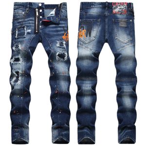 Jeans masculinos primavera buraco remendo colorido scramble print pequeno reto mid rise denim