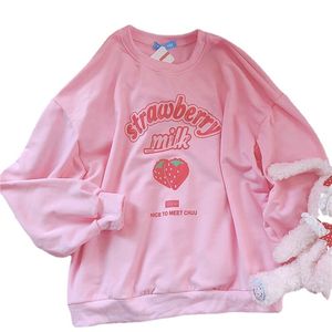 Kvinnors hoodies tröjor S-3XL Harajuku Kawaii Sweatshir Strawberry Pink Sweatshirts Spring Kpop Korean Style Fleece Women Söta toppkläder för flickor 230911