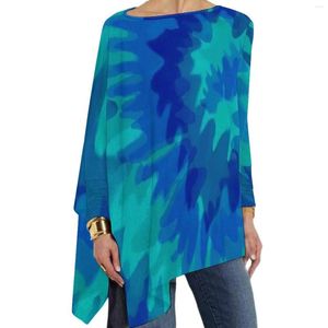 Camiseta feminina azul vibrante tie dye retro redemoinho impressão camiseta feminina manga longa o pescoço casual solto camiseta oversize