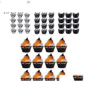 Altre forniture per feste festive 12 pezzi Decorazione di Halloween Involucro per cupcake Muffin per tazze Horror Zucca Strega Pipistrello Toppers per torta per la casa G5 Dhbmj