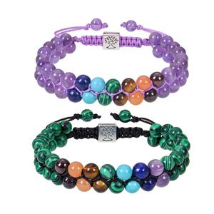 Flätat liv i livet armband 6mm Tiger Eye Amethyst Howlite 7 Chakra Healing Crystal Stone Double Layer Armband smycken