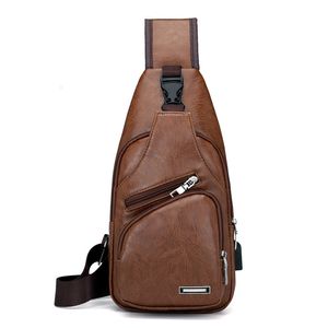 Sacos escolares Crossbody Peito Homens USB Carregamento Headphone Plug Cintura PU Couro e Lona Bolsa de Ombro Menino Pacote Diagonal 230912