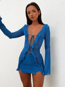 Casual Kleider Blau Rüschen Mini Kleid Sommer Frauen Sexy Mesh Sehen Obwohl Strand Mode Bandage Club Party Kurze Bodycon Outfits 2023