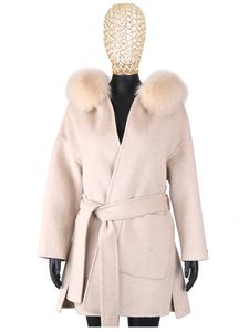 Futro dla kobiet sztuczne futro Furyoume wełniane kaszmirowe płaszcz prawdziwa futrzana kurtka kołnierzowa zima długa moda luźna wełna wełna wełny dla kobiet z paskiem 230911