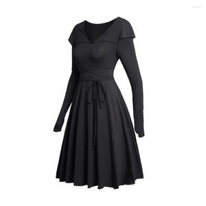 Casual Dresses Black Color Thumb Hole Long Sleeve Mini Dress Belted Doll Collar A Line Renaissance Faire Clothes Ball Gown Women
