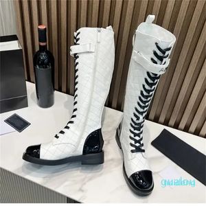 Tasarımcı - Diz botları siyah deri topuk dantel yukarı botlar tasarımcı kış ayakkabıları