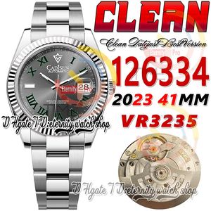Clean CF Date 41mm 126334 VR3235 Automatic Mens Watch Gray Dial Green Roman Markers 904L OysterSteel Bracelet Super Edition eternity Reloj Hombre Wristwatches