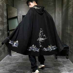 Abbigliamento etnico Stile cinese tradizionale antico ricamato Mantello Tang Giacca a vento larga da uomo con cappuccio per arti marziali