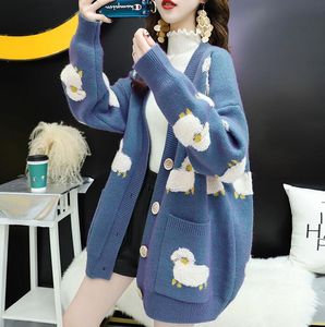 2023 New Fashion Thickened Knitted Cardigan Little Lamb Jacquard Sweater Women's Lazy Long Sleeve Coat