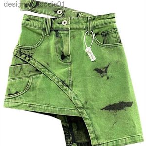 Skirts Skirts Fashion Women's Personalized Double Waist Design Green Aline Denim Skirt Asymmetric Girl Short 2023 230508 L230912