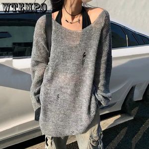 Kvinnors tröjor Gray Hole Sticked OpenWork Sun Protection Sweater Women Lose Lazy Wind Tops Y2K tunna ytterkläder Pullover Goth Sweaters 230911