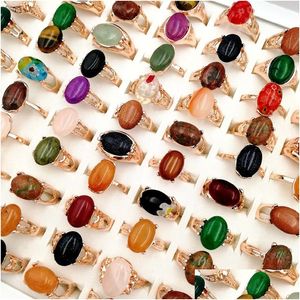 Band Rings Newest 30 Pieces/Lot Natural Gemstone Band Rings Crystal Bohemia Mix Style Rose Gold Designs For Womens And Men Fashion Par Dhsej