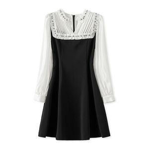 2023 Summer Black Contrast Color Panel Dress Lång ärm Runda nacke Rhinestonekne-längd Casual Dresses S3S08W09080902