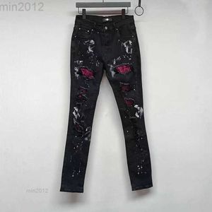 amr Jeans Style Designer Jeans Inlay Blue Diamond Red Diamond Holes Slim Fit Small Foot High Street Hose