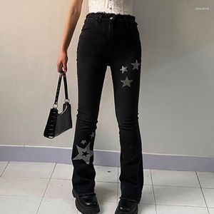 Damen Jeans Y2K Retro Quaste Trim Mall Goth Grunge Hose Strass Stern Muster Schwarz Korean Fashion Chic Frauen Gerade Hosen