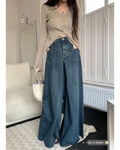 Jeans femininos baggy azul escuro cintura alta zíperes botão calças de perna larga denim retalhos mop para mulher encaixe solto