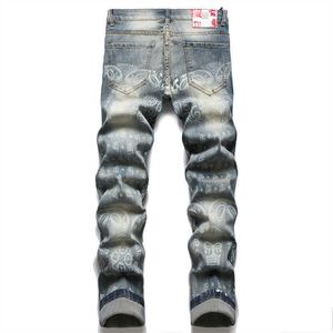 Jeans da uomo stampati con motivo digitale trendy e personalizzati con vestibilità slim elastica e pantaloni da uomo alla moda con piedi dritti