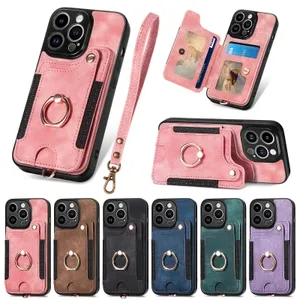 Capas de carteira com suporte de anel de couro à prova de choque para iPhone 15 Pro Max 14 13 12 11 XR XS X 8 7 Suporte magnético RFID Capas de telefone Funda com cordão