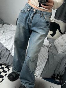 Женские джинсы, последние женские прямые джинсовые брюки Love, повседневные вечерние уличные карманы с пуговицами на талии, осень-весна, свободные синие