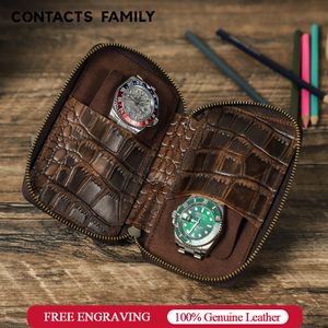 Watch Boxes Cases CONTACTS FAMILY Pattern Crazy Horse leather Storage Case Box 2 Slots Portable Travel Pouch Bag Men Gift 230911