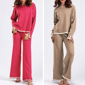 Pantaloni a due pezzi da donna 2 pezzi/set Camicetta da donna autunno inverno Set maglione lavorato a maglia in colore a contrasto Top O-Collo manica lunga abito casual