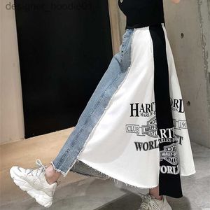 Gonne stazione europea stampa di lettere gonna di jeans incantesimo donna allentata tipo A temperamento femminile di media lunghezza casual irregolare 220317 L230912