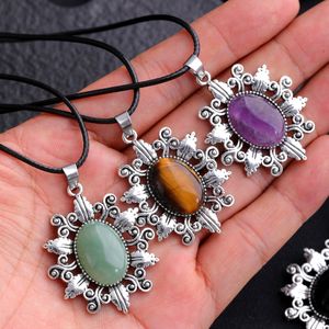 Punk Oval Natural Stone hexagram Star Pendant Necklaces Amethysts Rose Quartz Tiger's Eye Lapis Necklace for Women Jewelry