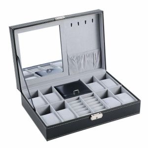 Коробки для часов Чехлы Lnofxas Box 8 Витрина для ювелирных изделий Органайзер Trey Storage Черная искусственная кожа с зеркалом и замком 230911