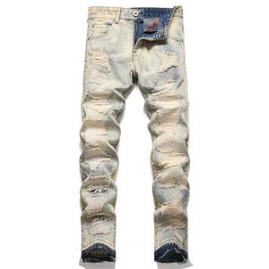 Style Youth Fashion Slim Fit Elastic Youth Mens Broken Patch Blue Small Foot Jeans Fashion 3417