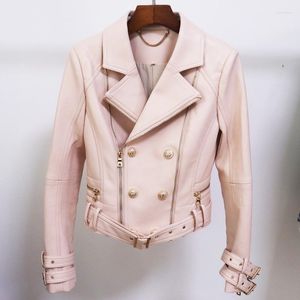 Women's Leather Celebrity 2023 Jacket Fashion Lion Button Slim Fit Double Zipper Oblique Motorcycle Coat