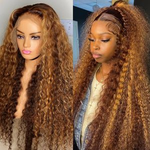 Brasileiro de 40 polegadas Destaque Curly Lace Front Human Wave Deep Deep 13x4 Lace Frontal Wig 250% Perucas sintéticas de cor marrom para mulheres