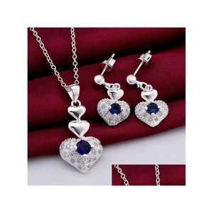 Örhängen halsband helt ny högklassig 925 Sterling Sier Zircon Heart Set - Blue Jewelry Set DFMSS772 Factory Direct Sale Wedding DHFPC