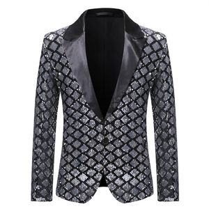 Mens Sliver Sequins Plaid Suit Blazer Jacket Slim Fit One Button Blazer Men DJ Club Stage Singer Suit Jacket Male Hombre2526