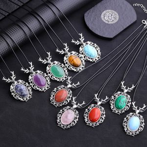 Punk Oval Natural Stone Christmas Deer Pendant Necklaces Amethysts Rose Quartz Tiger's Eye Lapis Necklace for Women Jewelry