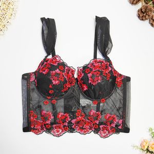 Women's Tanks Fishbone Top Embroidery Rose Floral Bra Sexy Big Halter