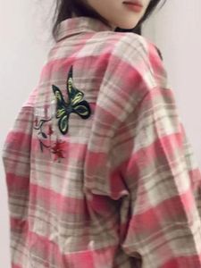 Camicette da donna Vintage Sweet Cool Y2k Ins Camicie Grunge Moda donna Farfalla Fiore Ricamo Contrasto Colore Plaid Blusas Capispalla