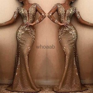 MagnificentsParkly Gold Sequined Mermaid Evening Sheer Plunging Neck långa ärmar plus storlek Prom klänningar svep Tåg Appliced ​​Formal Dress HKD230912