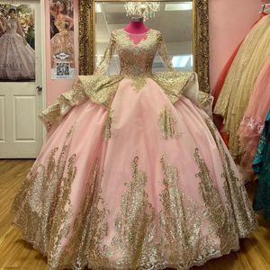 Pink Shiny Quinceanera Dresses Vestidos De 15 Anos Gold Appliques Ball Gown Formal Birthday Party Prom Gown Corset Back Train