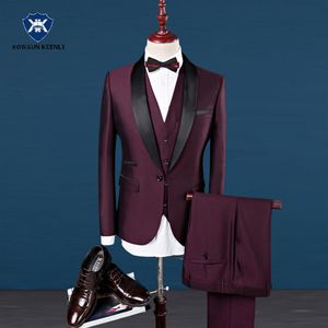 スリムフィットの男性スーツロイヤルブルーブレザー最新コートパンツデザイン2017花groomウェディングドレスタキシードワインレッドスーツ男性3ピーススーツ305c