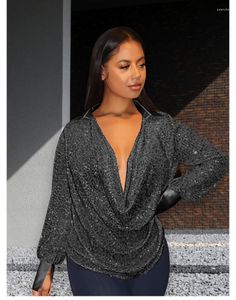 Women's Blouses CINESSD Sexy Deep V-neck Long Sleeve Stitching Sequined Top 2023 Loose Casual Design Sense Slim Women Shirt