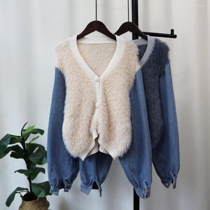 Women's Knits Autumn Winter Korean Version Loose Fleece Spliced Denim Knitted Short Women Cardigan Soft Female Sweater Jacket